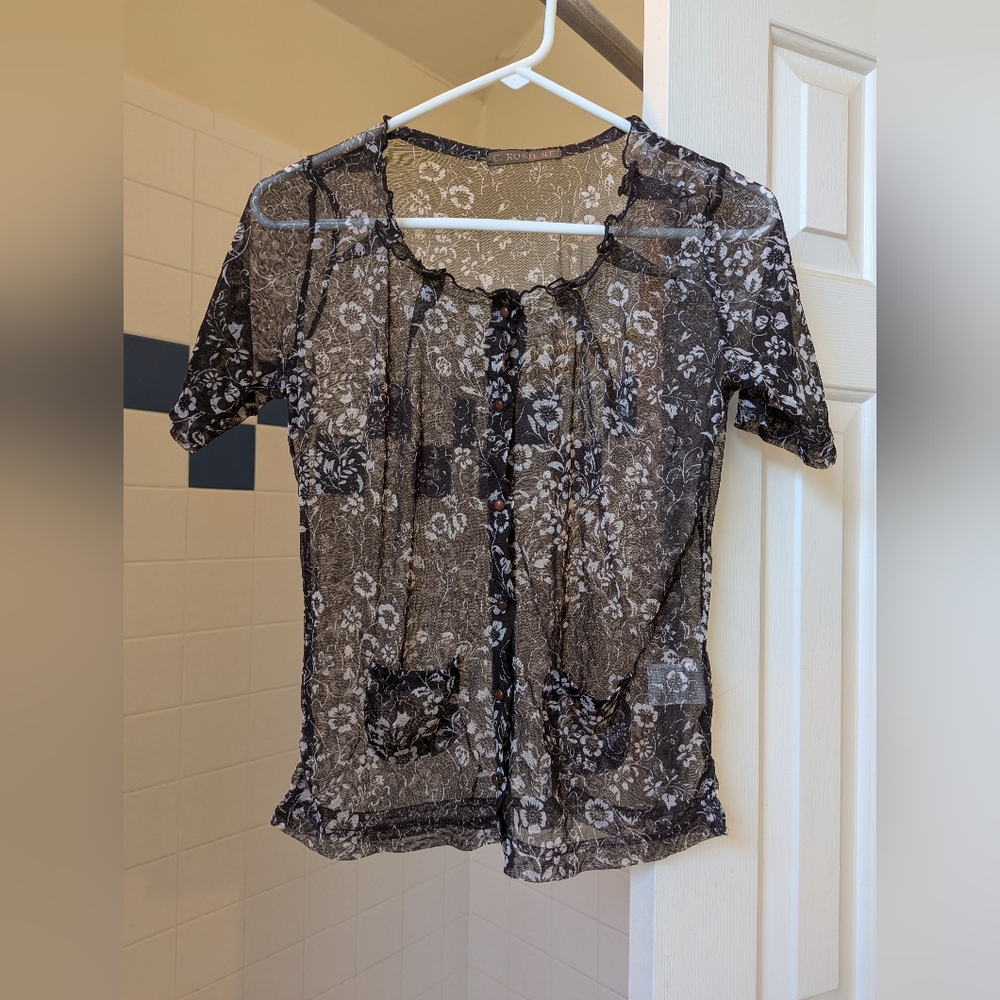 NWOT C. Rosiere Coffee White Floral Button-Up Short Sleeve Mesh Top Size M